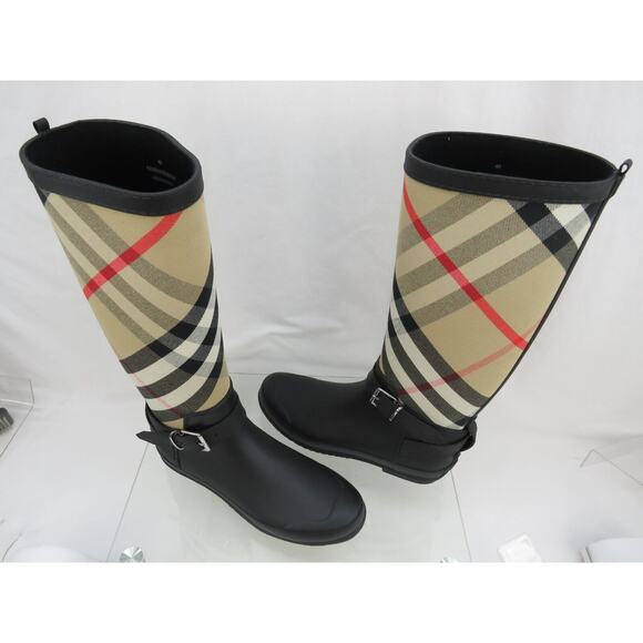 BURBERRY SIMEON BLACK RUBBER BEIGE CHECK LOGO KNEE HIGH RAIN BOOTS US 11 EU 41 - Picture 10 of 14